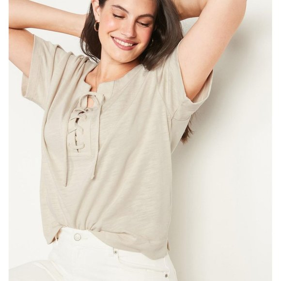 Old Navy Lace Up Top Loose Slub Knit Tee Short Sleeve Beige T-Shirt Size XXL NEW - Picture 1 of 6